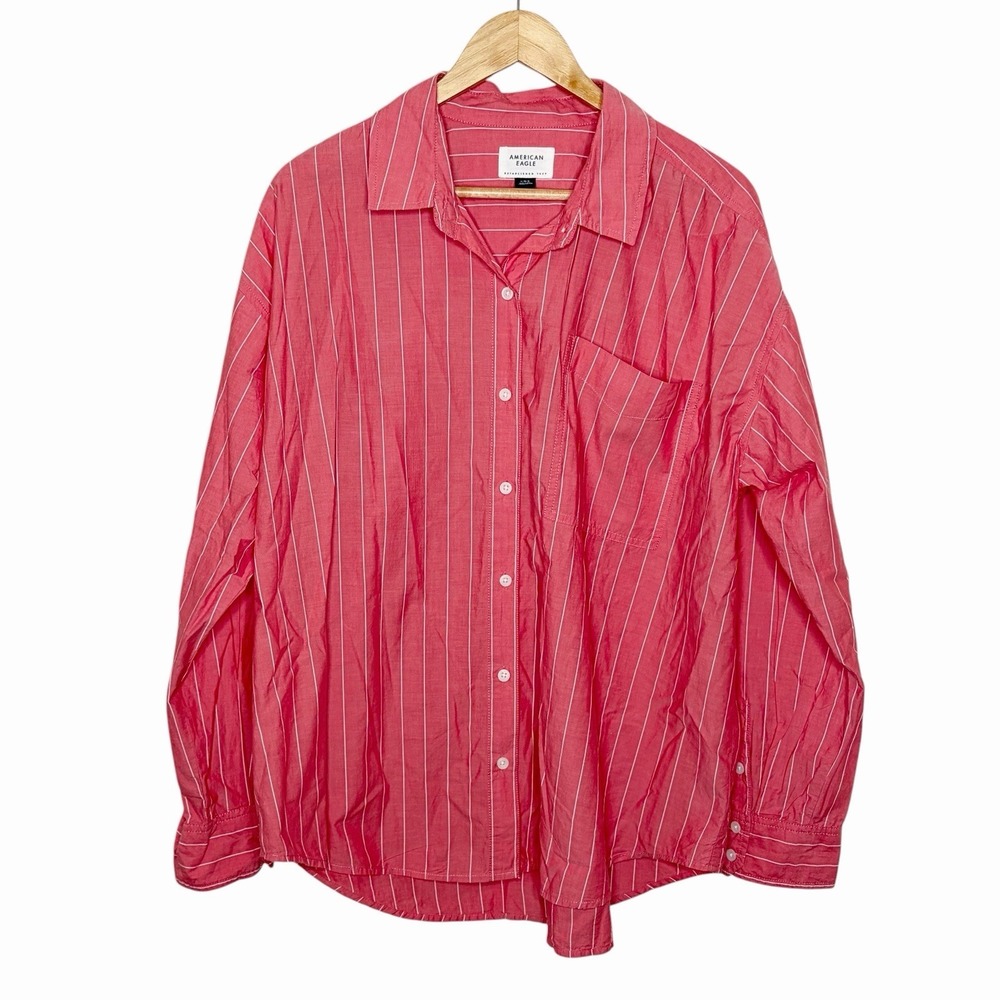 American Eagle Oversized Button Down Shirt Pink Striped Womens Size L Preppy